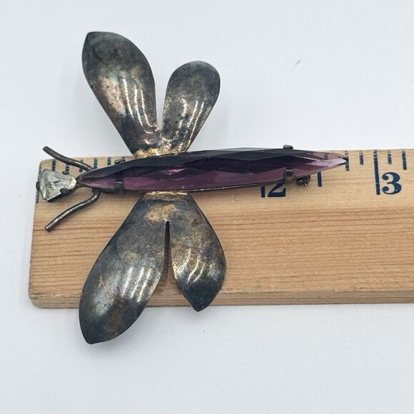 Vintage Jolle Sterling Dragonfly Brooch Pin Rhinestone Head / Purple Body - Picture 8 of 10